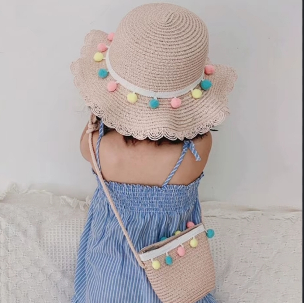 Kids Straw & Pastel Pom Pom Summer Hat & Matching Mini Purse Set